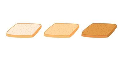 Toast bread cut slice from wheat set. Toasted piece bakery food. Slices of toast bread with varying degrees of toasting. Square loaf, white bread. Vector illustration