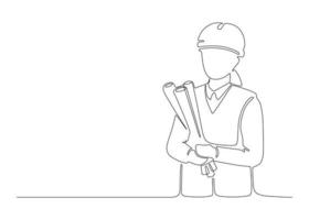 Woman architect builder holding blueprint paper in arm, single continuous line drawing. Professional worker in helmet. Plan of building construction on paper. Minimalism one art line draw. Vector