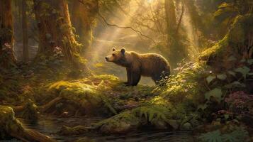 bear walking alone on the grass field. Bear walking through the forest. . photo