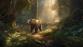 bear walking alone on the grass field. Bear walking through the forest. . photo