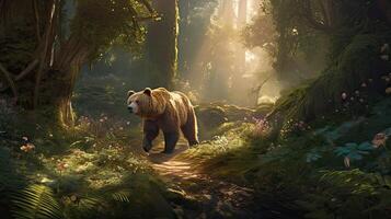 bear walking alone on the grass field. Bear walking through the forest. . photo