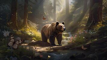 bear walking alone on the grass field. Bear walking through the forest. . photo