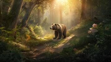 bear walking alone on the grass field. Bear walking through the forest. . photo