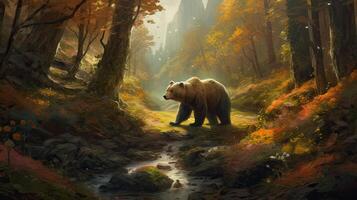 bear walking alone on the grass field. Bear walking through the forest. . photo