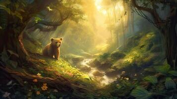 bear walking alone on the grass field. Bear walking through the forest. . photo
