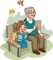 children reading a book sitting on the bench with his grandfather vector