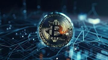 oro moneda bitcoin en un negro antecedentes. el concepto de criptomoneda blockchain tecnología. mezclado medios de comunicación. generativo ai. foto