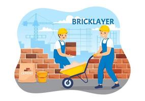 Bricklayer Worker Illustration with People Construction and Laying Bricks for Building a Wall in Flat Cartoon Hand Drawn Landing Page Templates vector