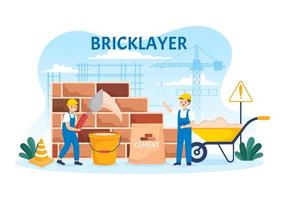 Bricklayer Worker Illustration with People Construction and Laying Bricks for Building a Wall in Flat Cartoon Hand Drawn Landing Page Templates vector