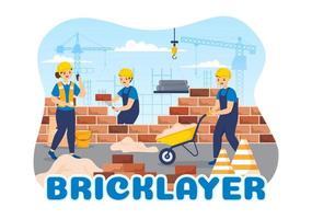 Bricklayer Worker Illustration with People Construction and Laying Bricks for Building a Wall in Flat Cartoon Hand Drawn Landing Page Templates vector