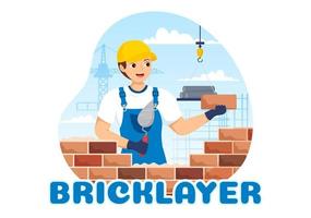 Bricklayer Worker Illustration with People Construction and Laying Bricks for Building a Wall in Flat Cartoon Hand Drawn Landing Page Templates vector