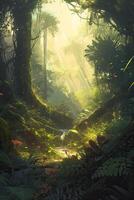 Forest in the morning in a fog in the sun, trees in a haze of light, glowing fog among the trees. . photo
