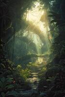 Forest in the morning in a fog in the sun, trees in a haze of light, glowing fog among the trees. . photo