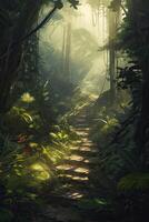 Forest in the morning in a fog in the sun, trees in a haze of light, glowing fog among the trees. . photo