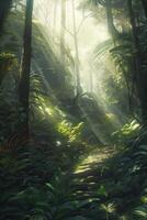 Forest in the morning in a fog in the sun, trees in a haze of light, glowing fog among the trees. . photo