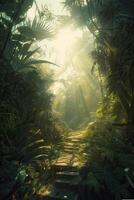 bosque en el Mañana en un niebla en el sol, arboles en un calina de luz, brillante niebla entre el arboles generativo ai. foto