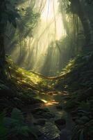Forest in the morning in a fog in the sun, trees in a haze of light, glowing fog among the trees. . photo