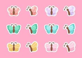 Cute butterfly stickers illustration set. Pretty vector butterflies with spring and summer colors for kids.