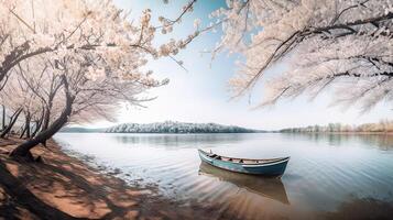 Tourists rowing boats on a lake under beautiful cherry blossom trees. . photo