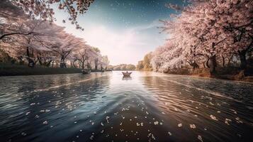 turistas remo barcos en un lago debajo hermosa Cereza florecer arboles generativo ai. foto