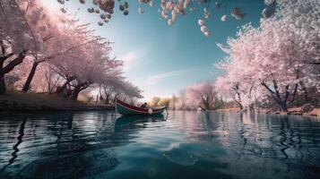 Tourists rowing boats on a lake under beautiful cherry blossom trees. . photo