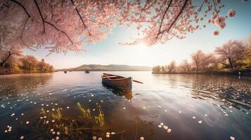 turistas remo barcos en un lago debajo hermosa Cereza florecer arboles generativo ai. foto