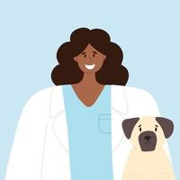 Happy veterinarian with a happy dog. Animal care vector illustration. Flat style. African girl vet doctor. World Veterinary Day.