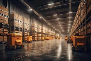 Autonomous Robot transportation in warehouses, Warehouse automation concept. . photo