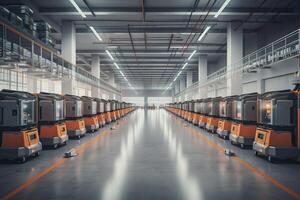 Autonomous Robot transportation in warehouses, Warehouse automation concept. . photo