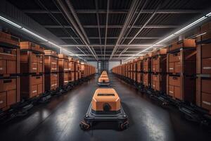 Autonomous Robot transportation in warehouses, Warehouse automation concept. . photo