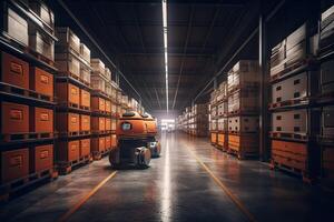 Autonomous Robot transportation in warehouses, Warehouse automation concept. . photo