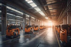 Autonomous Robot transportation in warehouses, Warehouse automation concept. . photo