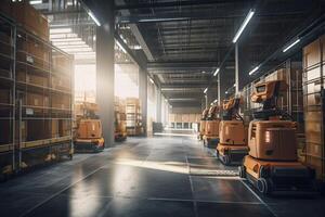 Autonomous Robot transportation in warehouses, Warehouse automation concept. . photo