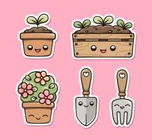 Kawaii Gardening clipart set. Happy potted plants and botanical planting tools. Cute spring summer digital stickers cartoon illustration. vector