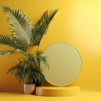 Minimal modern product display on green and yellow background with fresh palm leaves and shadows. Minimal Podium with Palm Leaf Summer Template Abstract Background. . photo