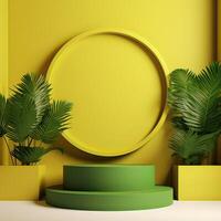 Minimal modern product display on green and yellow background with fresh palm leaves and shadows. Minimal Podium with Palm Leaf Summer Template Abstract Background. . photo