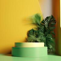 Minimal modern product display on green and yellow background with fresh palm leaves and shadows. Minimal Podium with Palm Leaf Summer Template Abstract Background. . photo