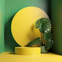 Minimal modern product display on green and yellow background with fresh palm leaves and shadows. Minimal Podium with Palm Leaf Summer Template Abstract Background. . photo
