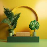 Minimal modern product display on green and yellow background with fresh palm leaves and shadows. Minimal Podium with Palm Leaf Summer Template Abstract Background. . photo