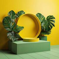 Minimal modern product display on green and yellow background with fresh palm leaves and shadows. Minimal Podium with Palm Leaf Summer Template Abstract Background. . photo