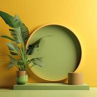 Minimal modern product display on green and yellow background with fresh palm leaves and shadows. Minimal Podium with Palm Leaf Summer Template Abstract Background. . photo