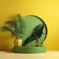 Minimal modern product display on green and yellow background with fresh palm leaves and shadows. Minimal Podium with Palm Leaf Summer Template Abstract Background. . photo