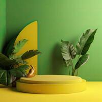 Minimal modern product display on green and yellow background with fresh palm leaves and shadows. Minimal Podium with Palm Leaf Summer Template Abstract Background. . photo