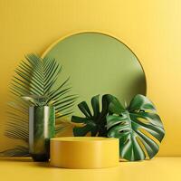 Minimal modern product display on green and yellow background with fresh palm leaves and shadows. Minimal Podium with Palm Leaf Summer Template Abstract Background. . photo