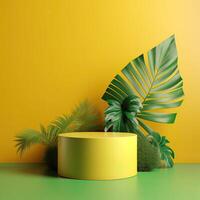 Minimal modern product display on green and yellow background with fresh palm leaves and shadows. Minimal Podium with Palm Leaf Summer Template Abstract Background. . photo