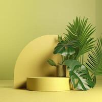Minimal modern product display on green and yellow background with fresh palm leaves and shadows. Minimal Podium with Palm Leaf Summer Template Abstract Background. . photo