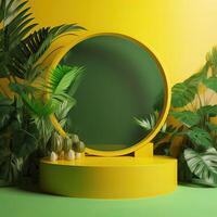 Minimal modern product display on green and yellow background with fresh palm leaves and shadows. Minimal Podium with Palm Leaf Summer Template Abstract Background. . photo