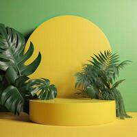 Minimal modern product display on green and yellow background with fresh palm leaves and shadows. Minimal Podium with Palm Leaf Summer Template Abstract Background. . photo