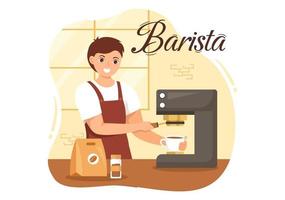 barista ilustración con vistiendo en pie delantal haciendo café para cliente en plano dibujos animados mano dibujado aterrizaje página o web bandera modelo vector