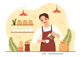 barista ilustración con vistiendo en pie delantal haciendo café para cliente en plano dibujos animados mano dibujado aterrizaje página o web bandera modelo vector